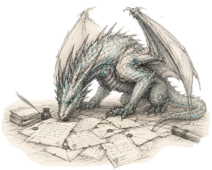 Un dragón rodeado de cartas, leyendo